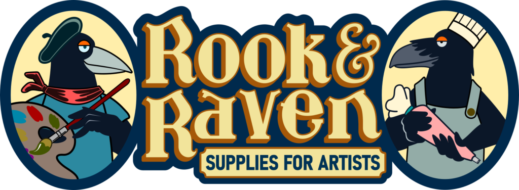 Rook and Raven supplies for artists logo with mascots in blue and gold.