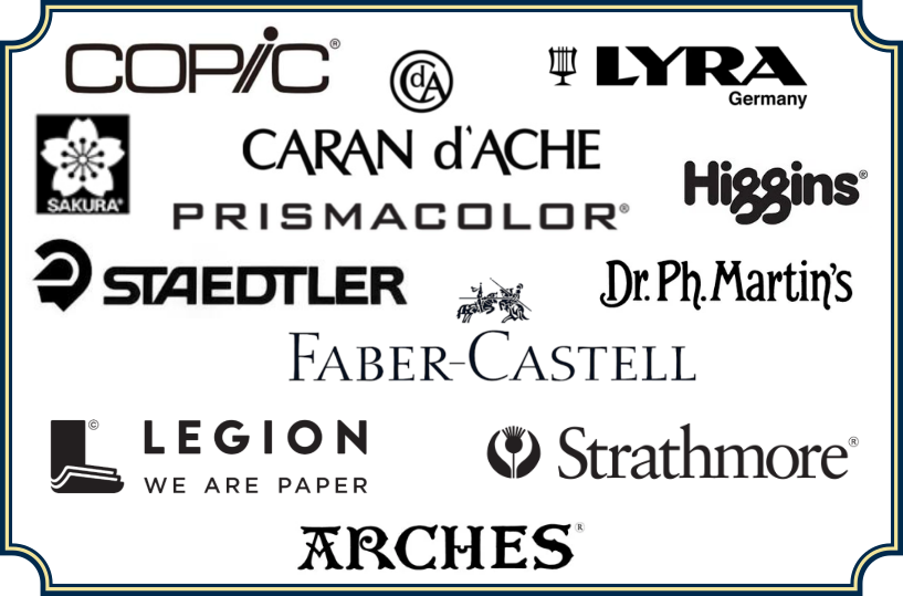 Black and white logos for drawing supply brands Copic, CDA, Lyra, Sakura, Prismacolor, Higgins, Staedtler, Dr Ph. Martin's, Faber-Castell, Legion, Strathmore, and Arches