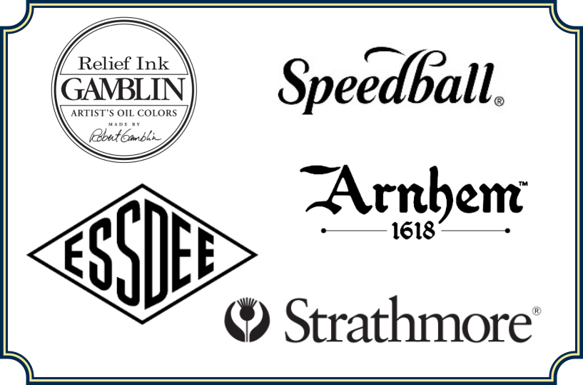 Black and white logos for printing supply brands Gamblin, Speedball, Essdee, Arnhem, and Strathmore